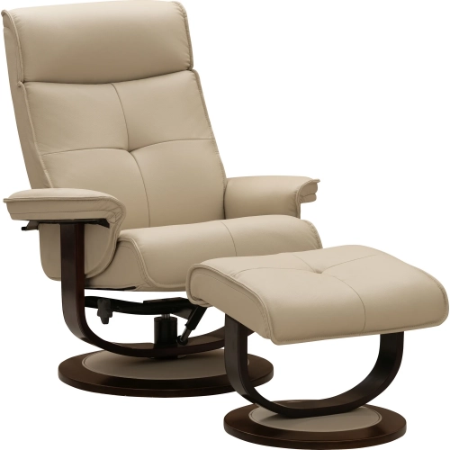 Leroy Swivel Pedestal Recliner with Ottoman in Tufted Townsend Cream Top-Grain Leather